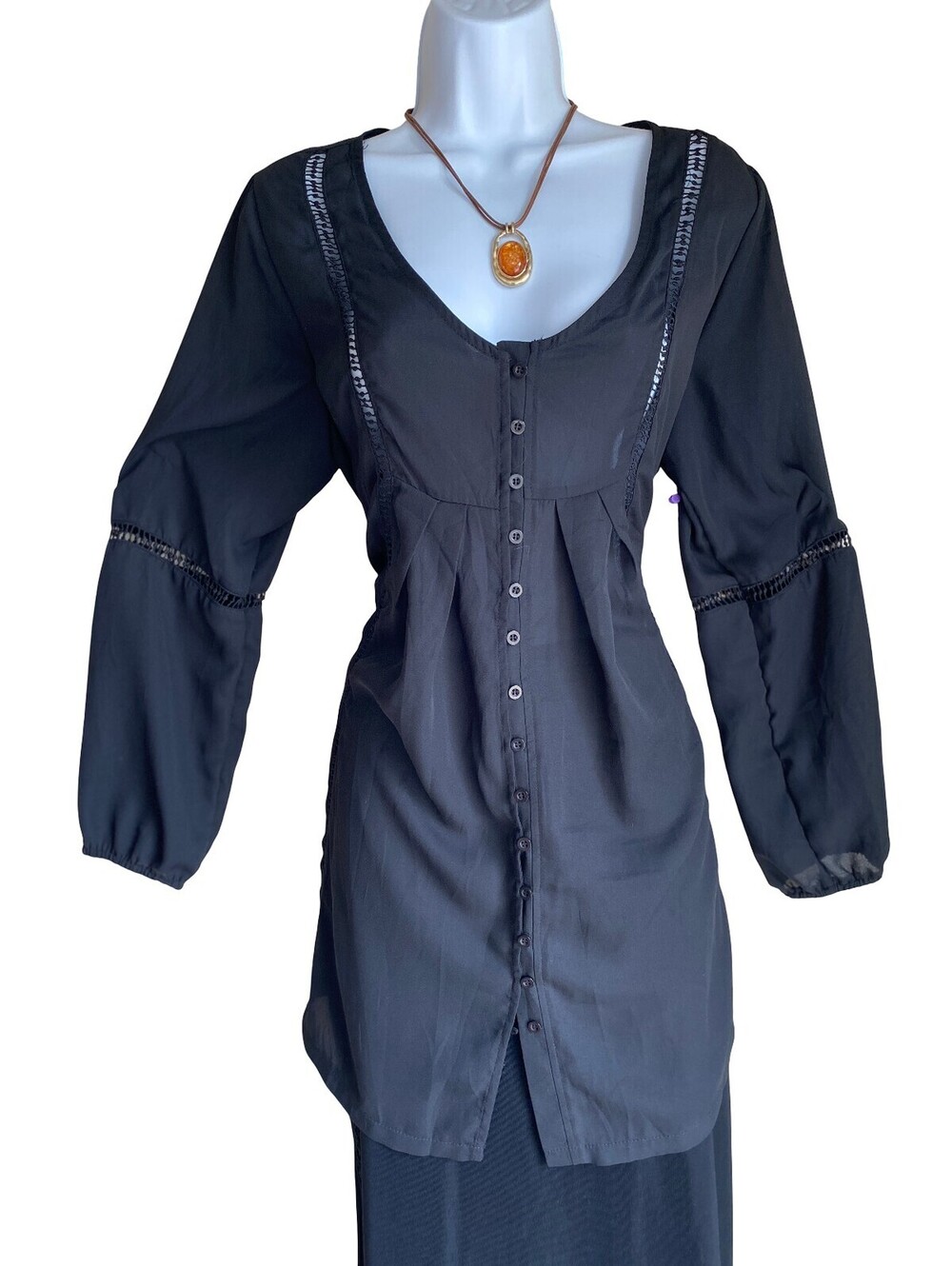 Y2K Amaryllis Women XL Black Lace Accent Button Up Tunic Blouse Whimsigoth Goth